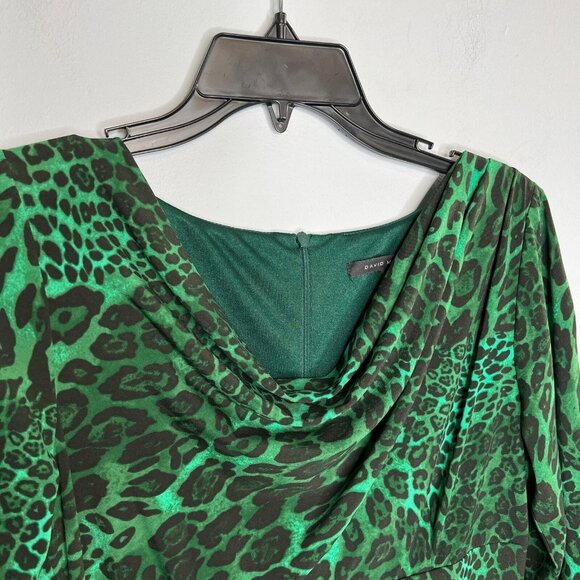 David Meister Dress Women's Sz 6 Green Black Animal Print Career Sheath Ruched - Picture 2 of 12